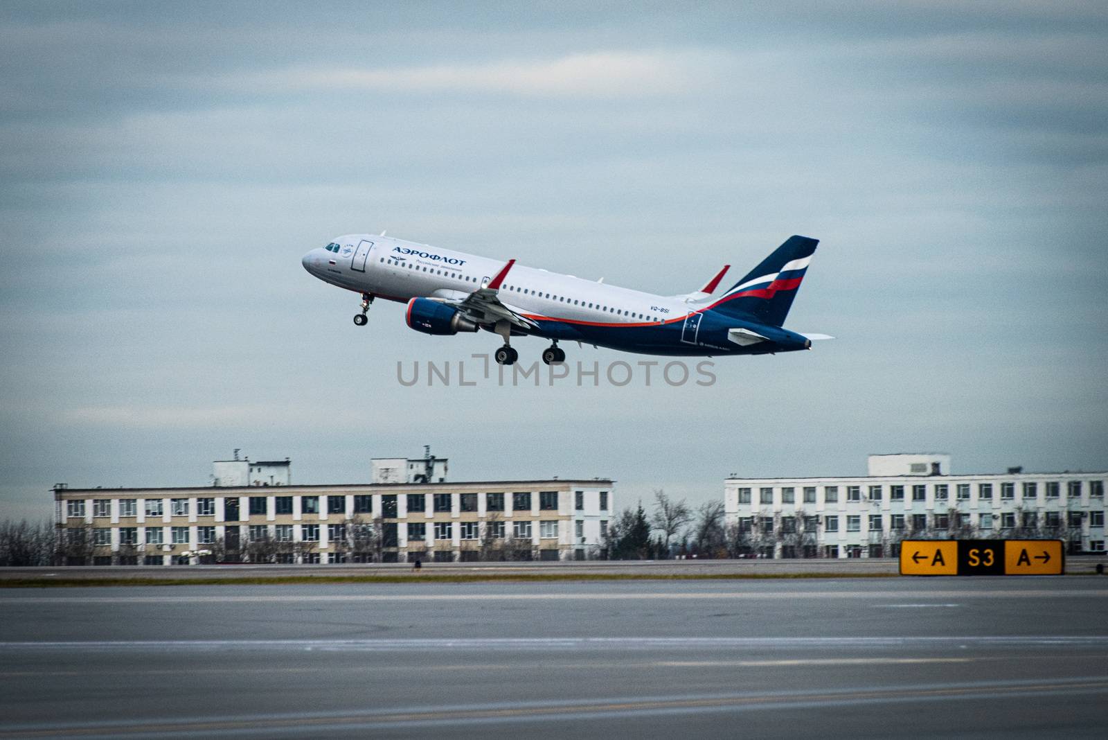October 29, 2019, Moscow, Russia. Plane Airbus A320-200 Aeroflot - Russian Airlines at Sheremetyevo airport in Moscow.