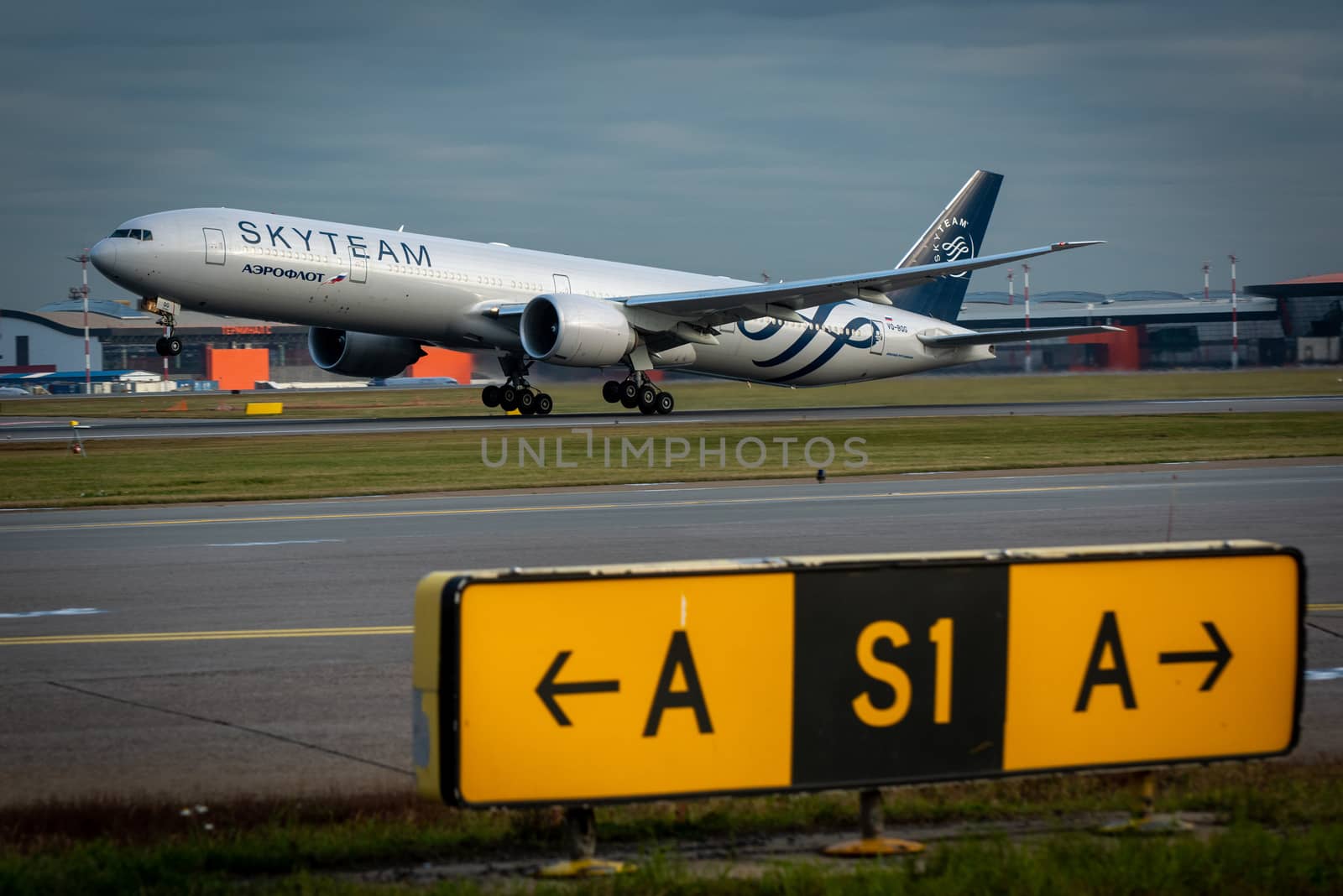 October 29, 2019, Moscow, Russia. Plane Boeing 777-300 Aeroflot - Russian Airlines in livery of the international aviation alliance SkyTeam at Sheremetyevo airport in Moscow.