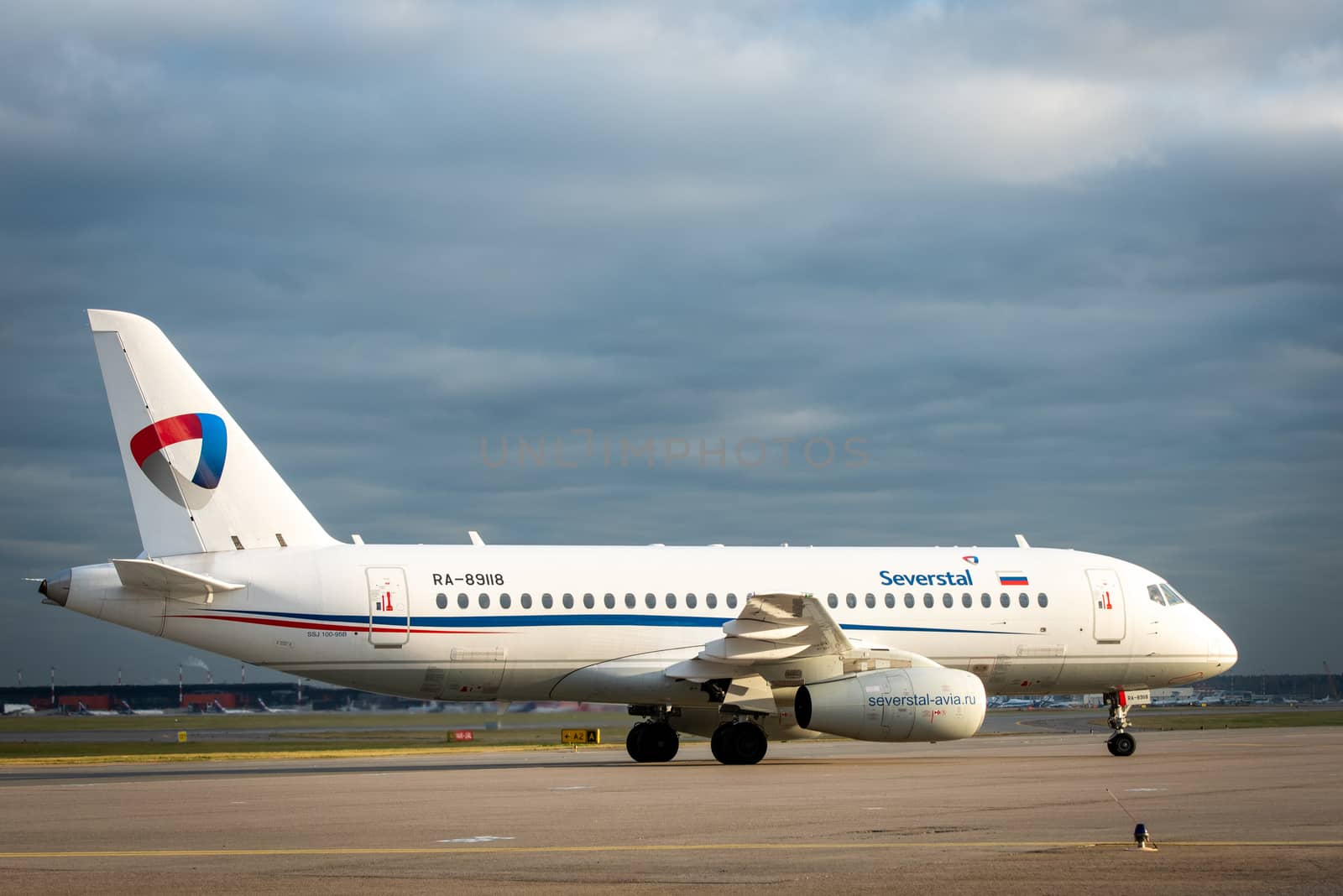 October 29, 2019, Moscow, Russia. Plane Sukhoi Superjet 100 Severstal Airlines at Sheremetyevo airport in Moscow.