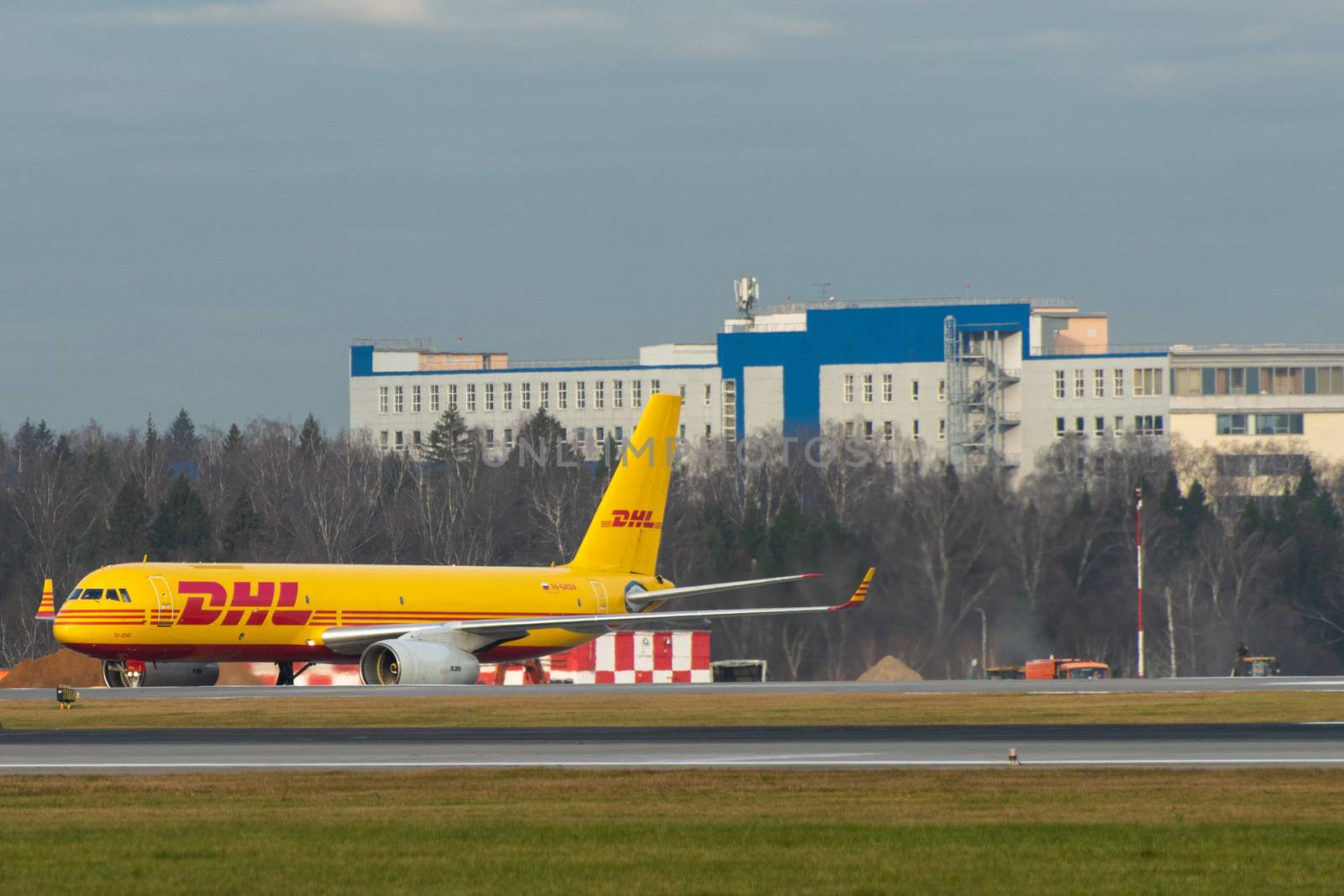 October 29, 2019, Moscow, Russia. Plane Tupolev Tu-204 Aviastar Airlines in livery DHL at Sheremetyevo airport in Moscow.