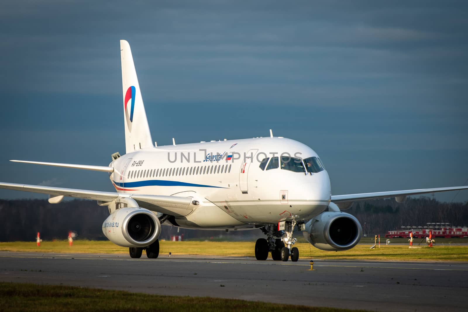 October 29, 2019, Moscow, Russia. Plane Sukhoi Superjet 100 Severstal Airlines at Sheremetyevo airport in Moscow.