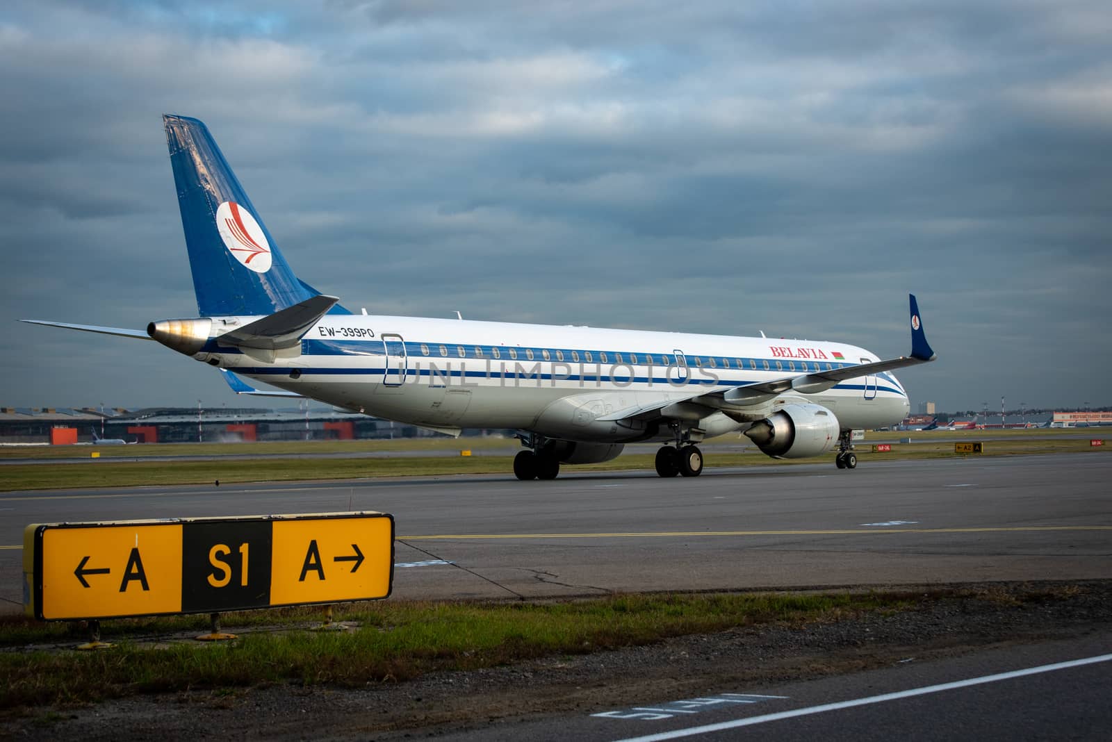 October 29, 2019, Moscow, Russia. Plane Embraer ERJ-195 Belavia Airlines at Sheremetyevo airport in Moscow.