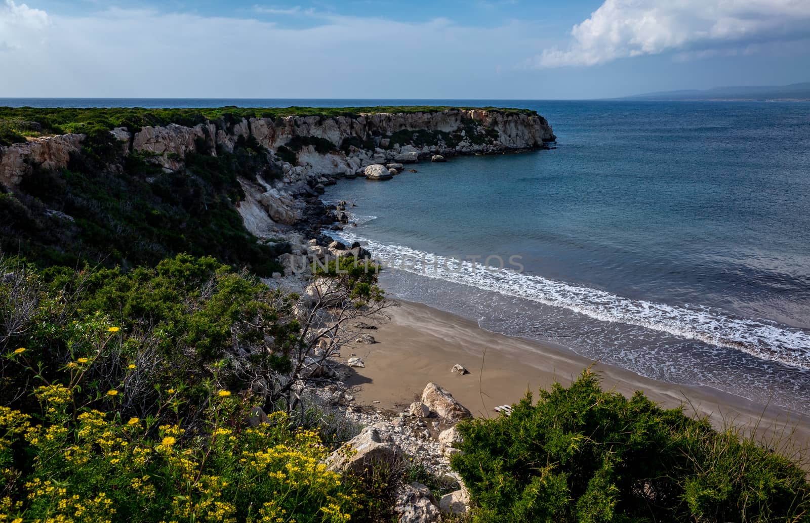 The rocky coast of the Mediterranean Sea on the Akamas Peninsula in the northwest of the island of Cyprus.