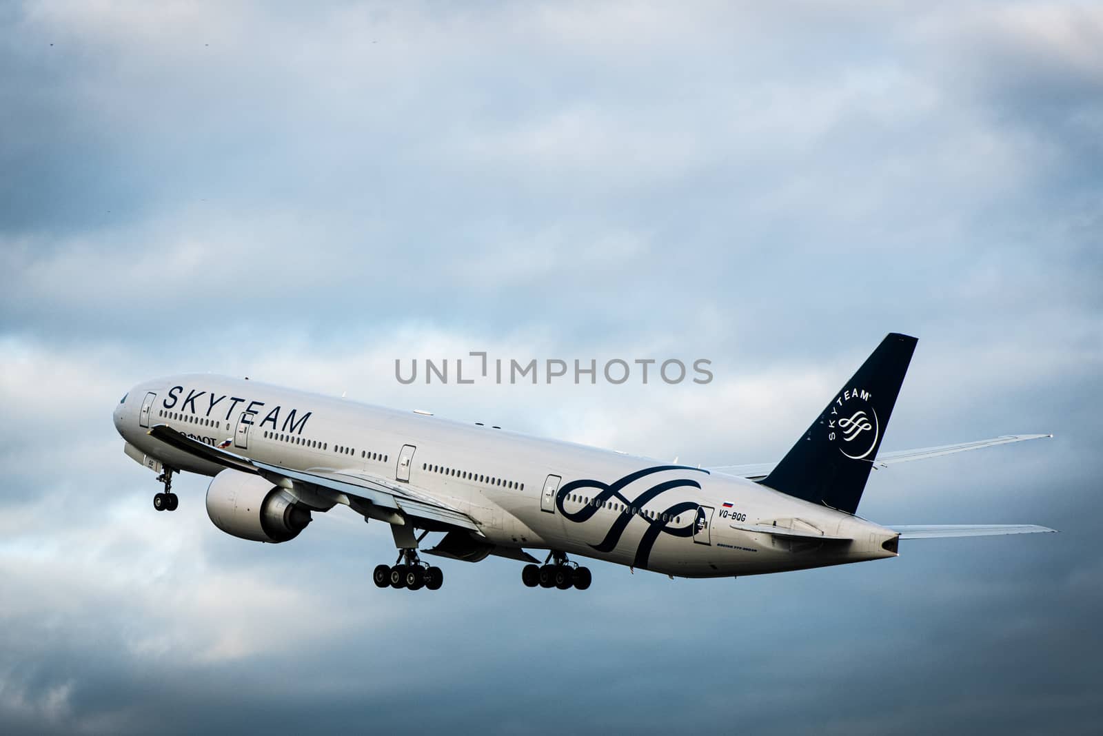 October 29, 2019, Moscow, Russia. Plane Boeing 777-300 Aeroflot - Russian Airlines in livery of the international aviation alliance SkyTeam at Sheremetyevo airport in Moscow.