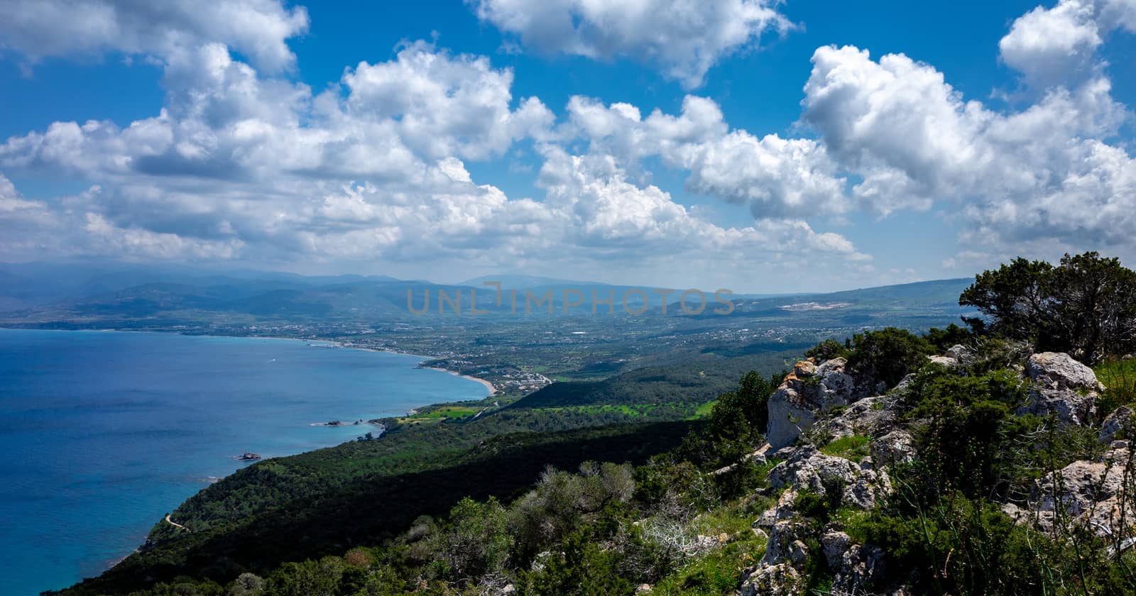 Green mountainous coast of the Mediterranean Sea on the Akamas Peninsula in the northwest of the island of Cyprus.