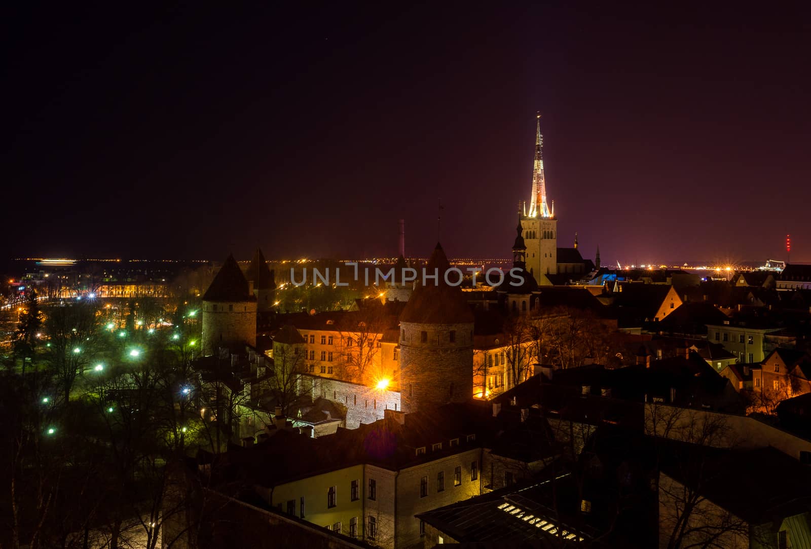 21 April 2018 Tallinn, Estonia. View of the Old town from the observation deck at night