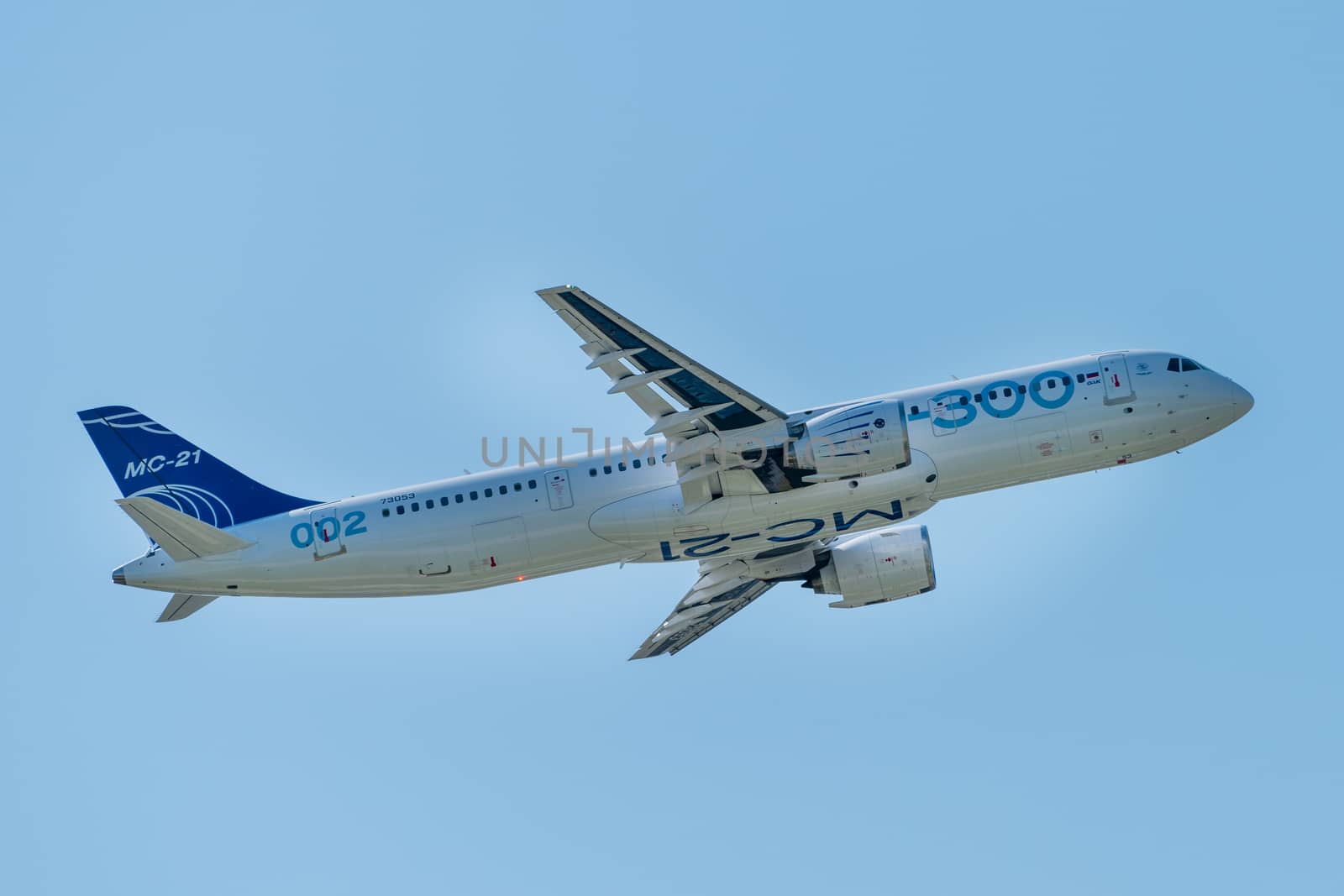 August 30, 2019. Zhukovsky, Russia. Promising Russian medium-range narrow-body passenger aircraft Irkut MC-21 at the International Aviation and Space Salon MAKS 2019.