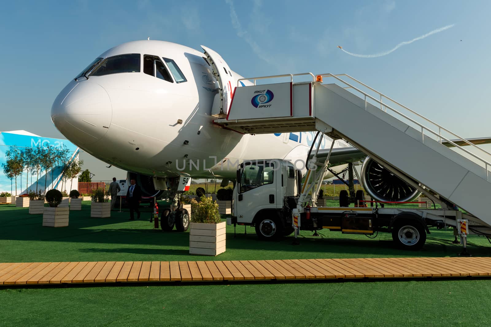 August 30, 2019. Zhukovsky, Russia. Promising Russian medium-range narrow-body passenger aircraft Irkut MC-21 at the International Aviation and Space Salon MAKS 2019.