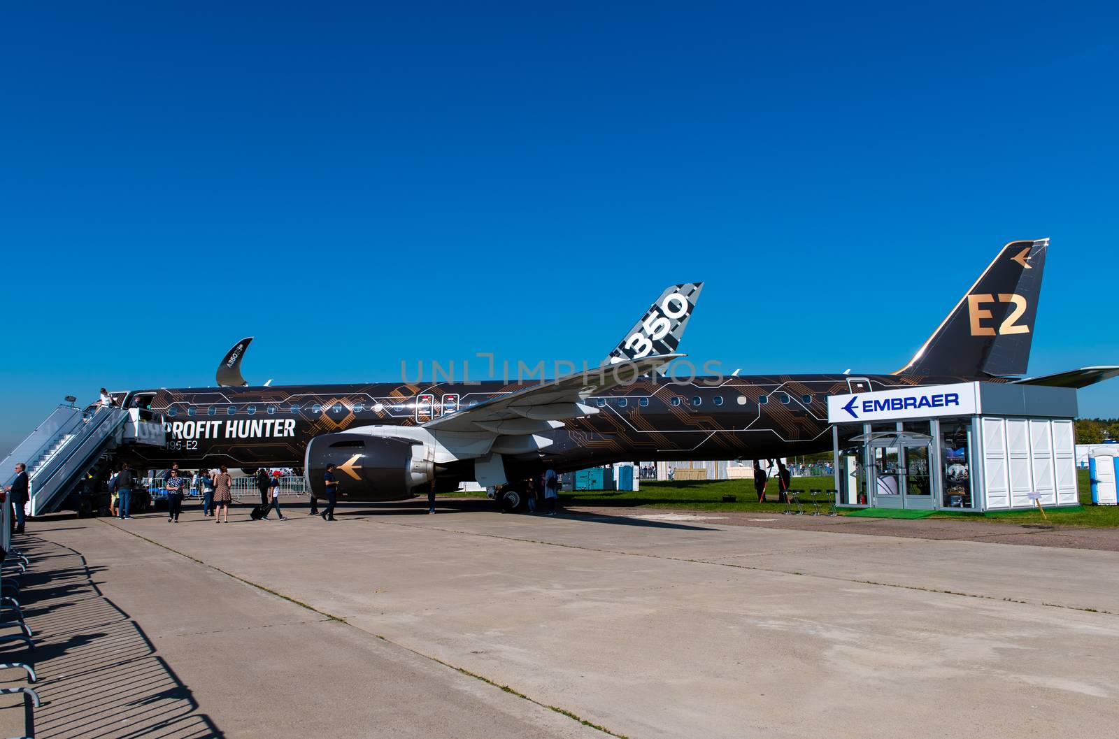 August 30, 2019. Zhukovsky, Russia. Twin-engine narrow-body passenger aircraft Embraer E-Jet E195-E2
at the International Aviation and Space Salon MAKS 2019.