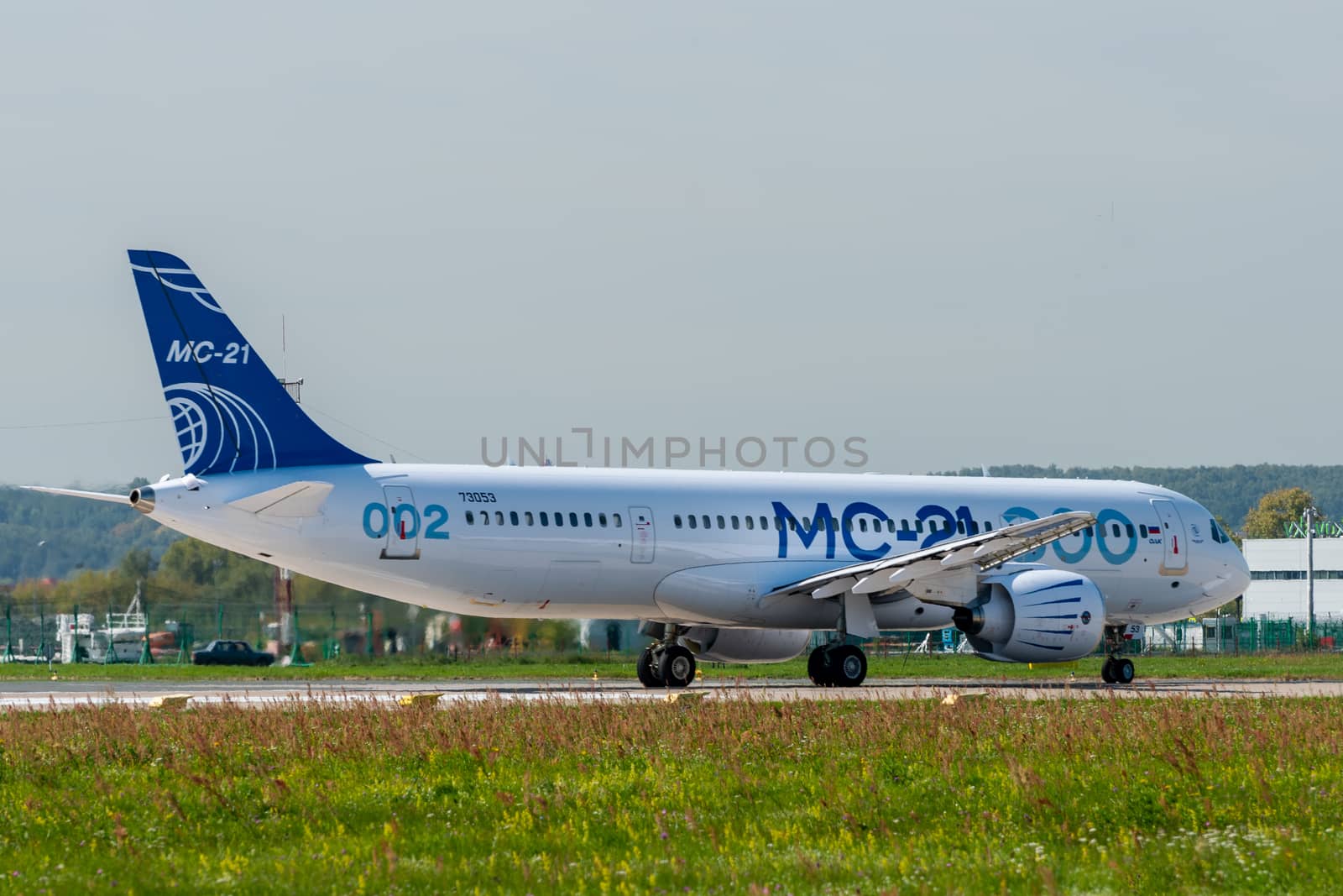 August 30, 2019. Zhukovsky, Russia. Promising Russian medium-range narrow-body passenger aircraft Irkut MC-21 at the International Aviation and Space Salon MAKS 2019.