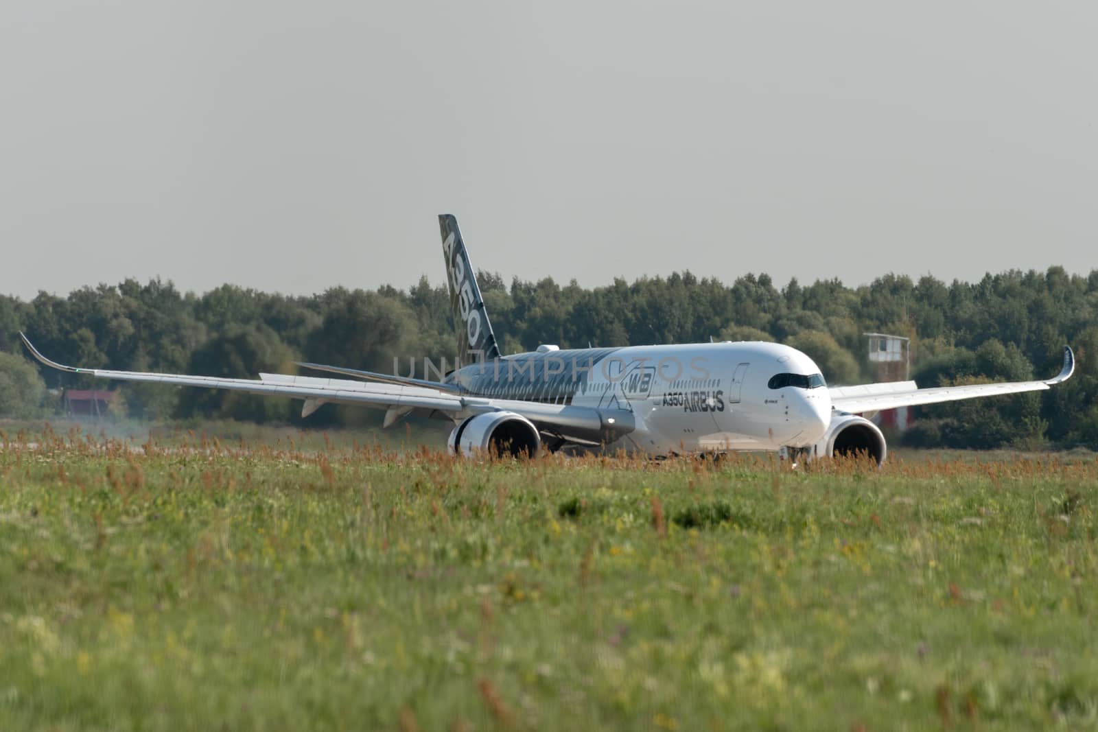 August 30, 2019. Zhukovsky, Russia. long-range wide-body twin-engine passenger aircraft Airbus A350-900 XWB Airbus Industrie at the International Aviation and Space Salon MAKS 2019.