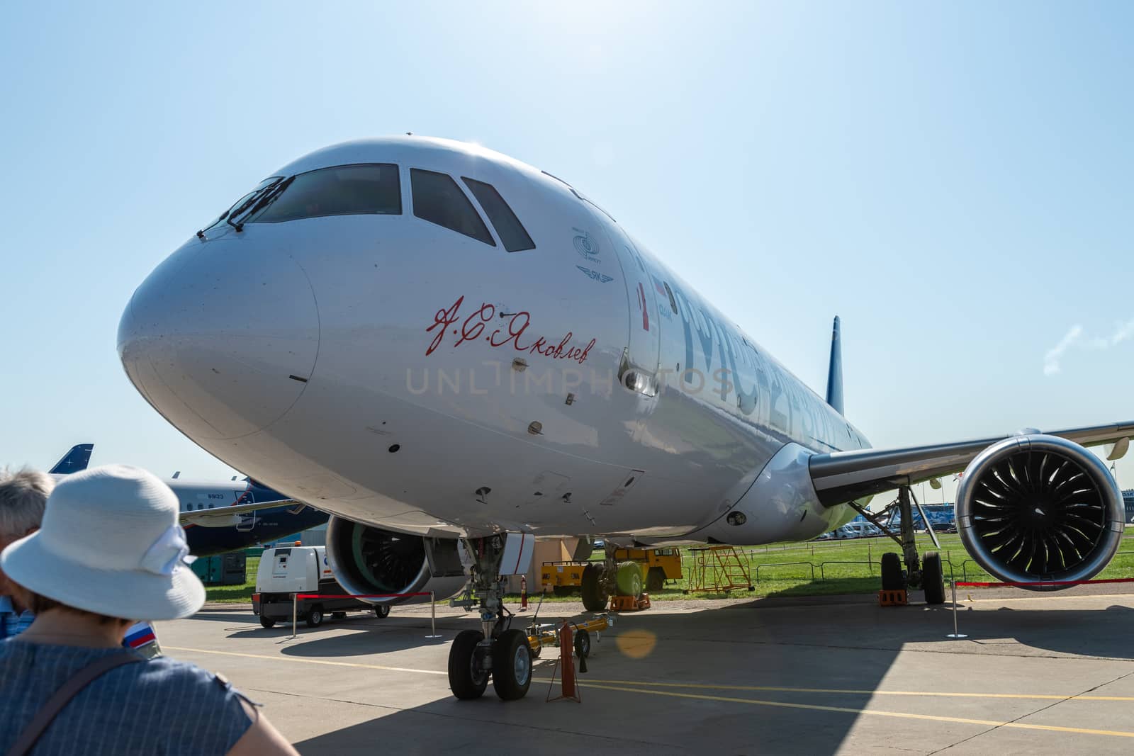 August 30, 2019. Zhukovsky, Russia. Promising Russian medium-range narrow-body passenger aircraft Irkut MC-21 at the International Aviation and Space Salon MAKS 2019.