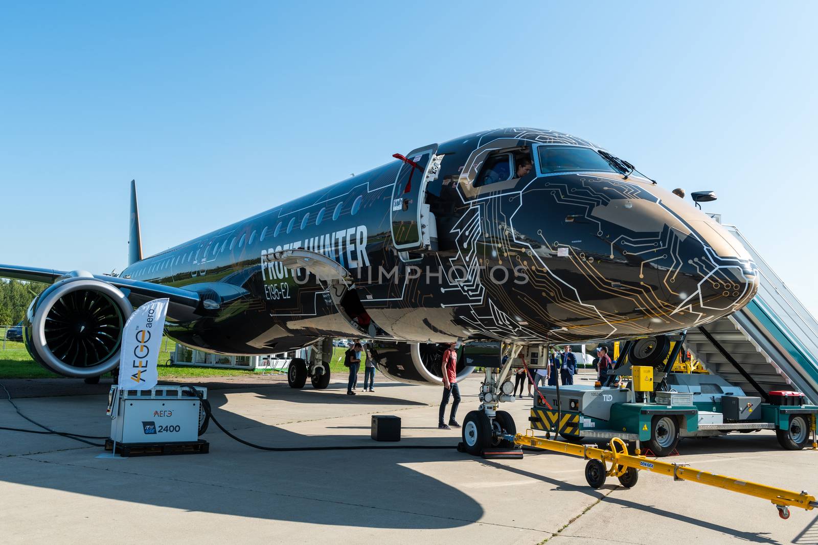 August 30, 2019. Zhukovsky, Russia. Twin-engine narrow-body passenger aircraft Embraer E-Jet E195-E2
at the International Aviation and Space Salon MAKS 2019.