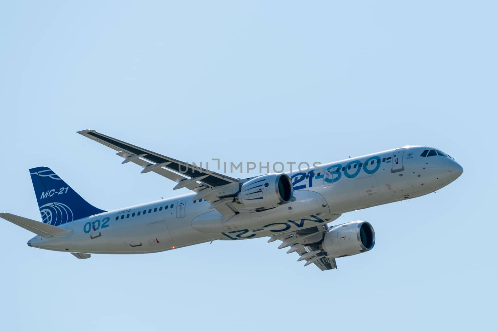 August 30, 2019. Zhukovsky, Russia. Promising Russian medium-range narrow-body passenger aircraft Irkut MC-21 at the International Aviation and Space Salon MAKS 2019.