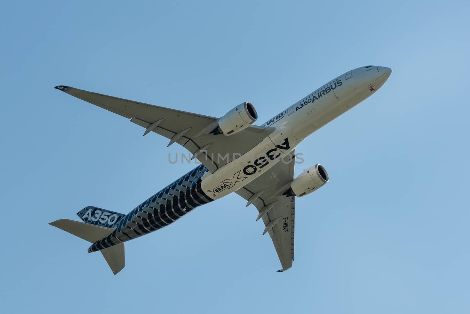 August 30, 2019. Zhukovsky, Russia. long-range wide-body twin-engine passenger aircraft Airbus A350-900 XWB Airbus Industrie at the International Aviation and Space Salon MAKS 2019.