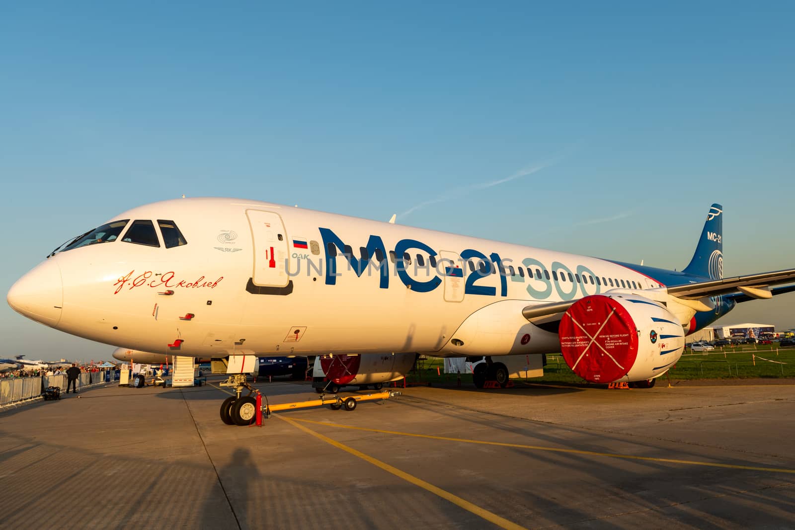 August 30, 2019. Zhukovsky, Russia. Promising Russian medium-range narrow-body passenger aircraft Irkut MC-21 at the International Aviation and Space Salon MAKS 2019.