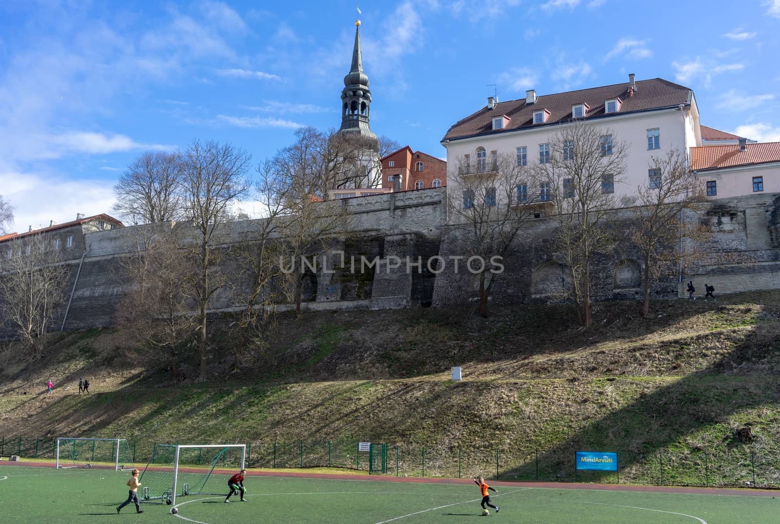April 21, 2018 Tallinn, Estonia. Football field at the fortress wall of the Old city in Tallinn
