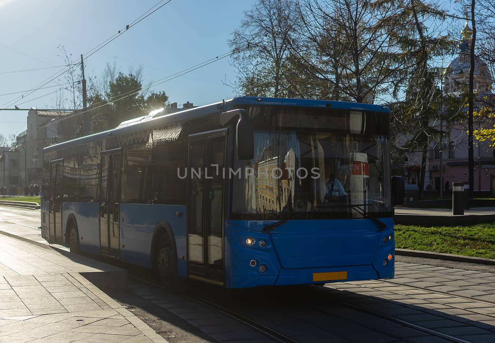 November 5, 2018 Moscow, Russia Blue regular bus on Novokuznetskaya street in Moscow.