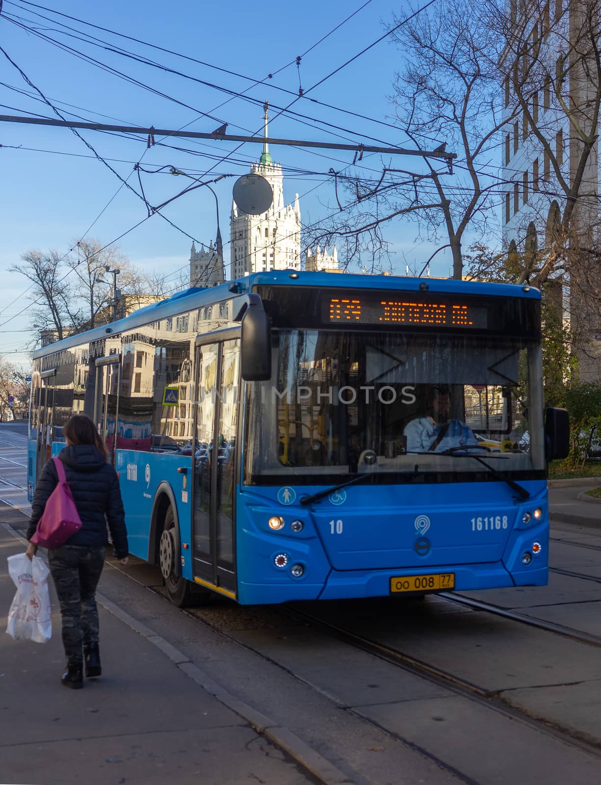 November 5, 2018 Moscow, Russia. Blue regular bus on Novokuznetskaya street in Moscow.