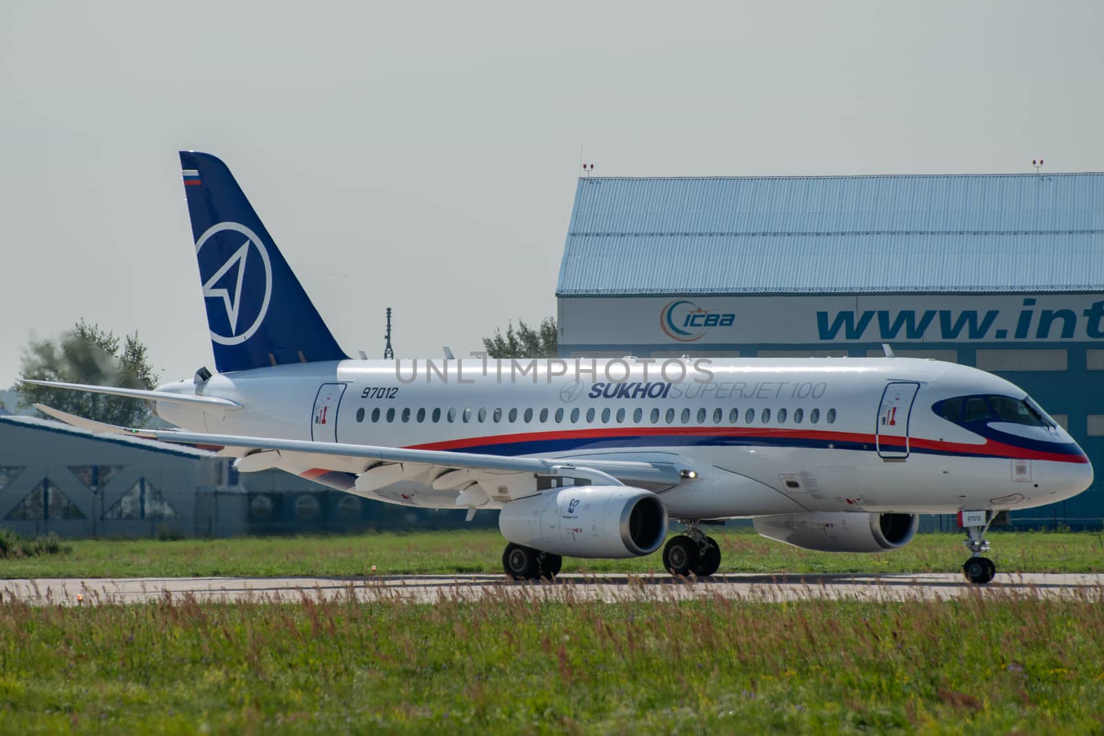 August 30, 2019. Zhukovsky, Russia. Russian short-range narrow-body passenger aircraft  Sukhoi Superjet 100 at the International Aviation and Space Salon MAKS 2019.