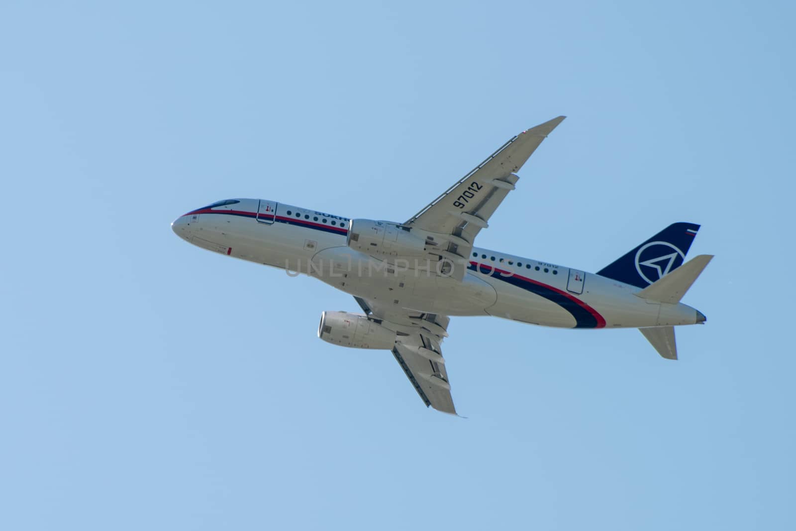 August 30, 2019. Zhukovsky, Russia. Russian short-range narrow-body passenger aircraft  Sukhoi Superjet 100 at the International Aviation and Space Salon MAKS 2019.