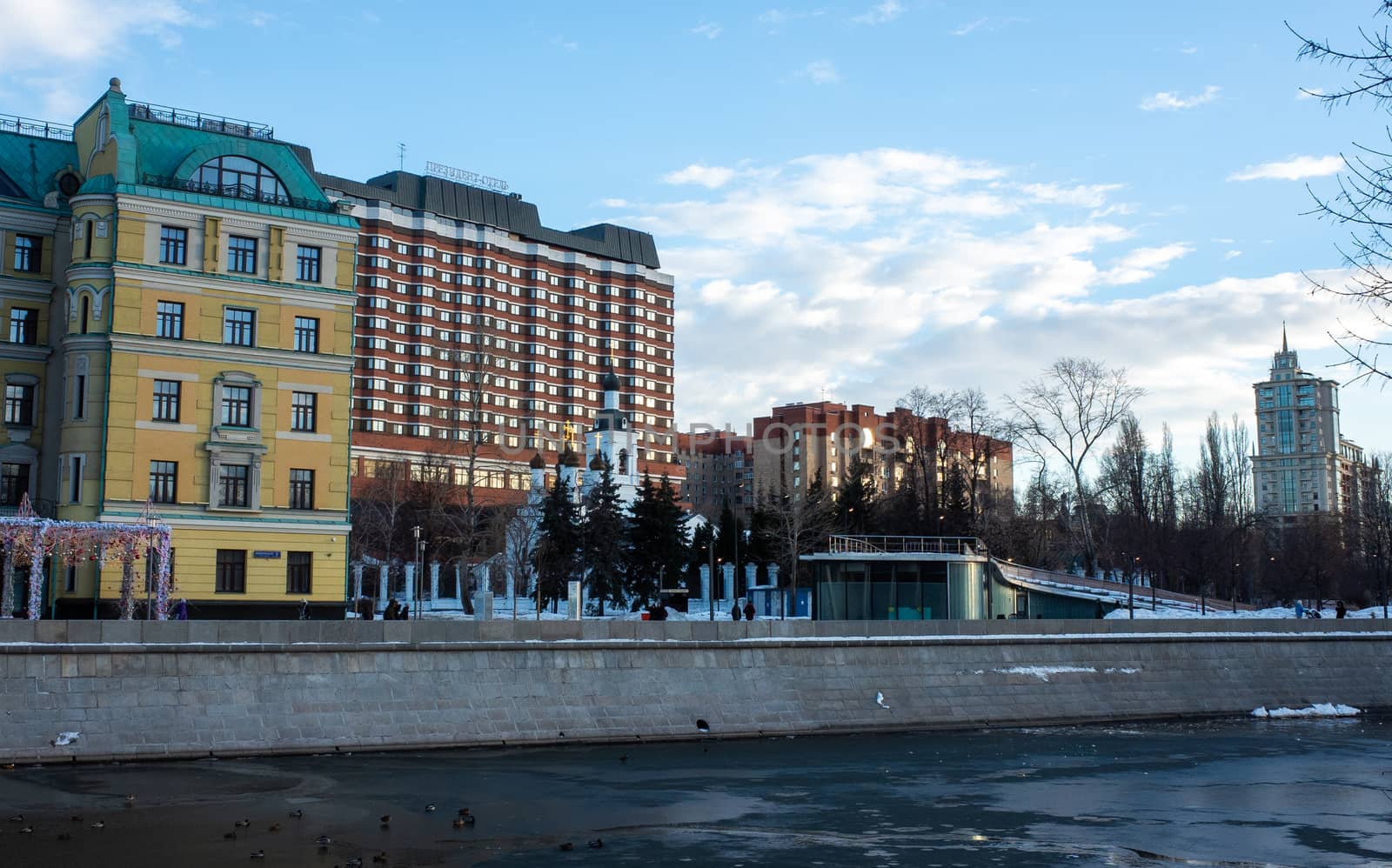 February 19, 2019, Moscow, Russia. Muzeon Park and St. Nicholas Church of the Chinese Compound in Moscow.