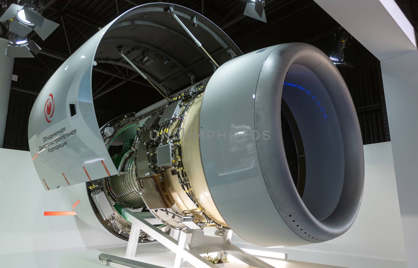August 30, 2019 Zhukovsky, Russia. Russian advanced civil turbofan aircraft engine PD-14 under development United Engine Corporation.