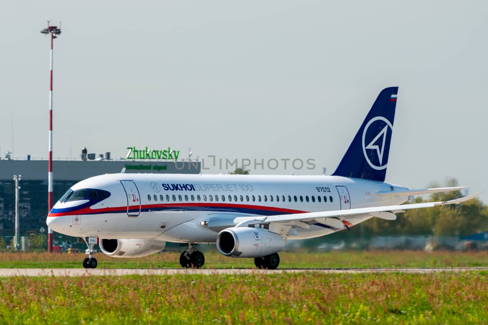 August 30, 2019. Zhukovsky, Russia. Russian short-range narrow-body passenger aircraft  Sukhoi Superjet 100 at the International Aviation and Space Salon MAKS 2019.