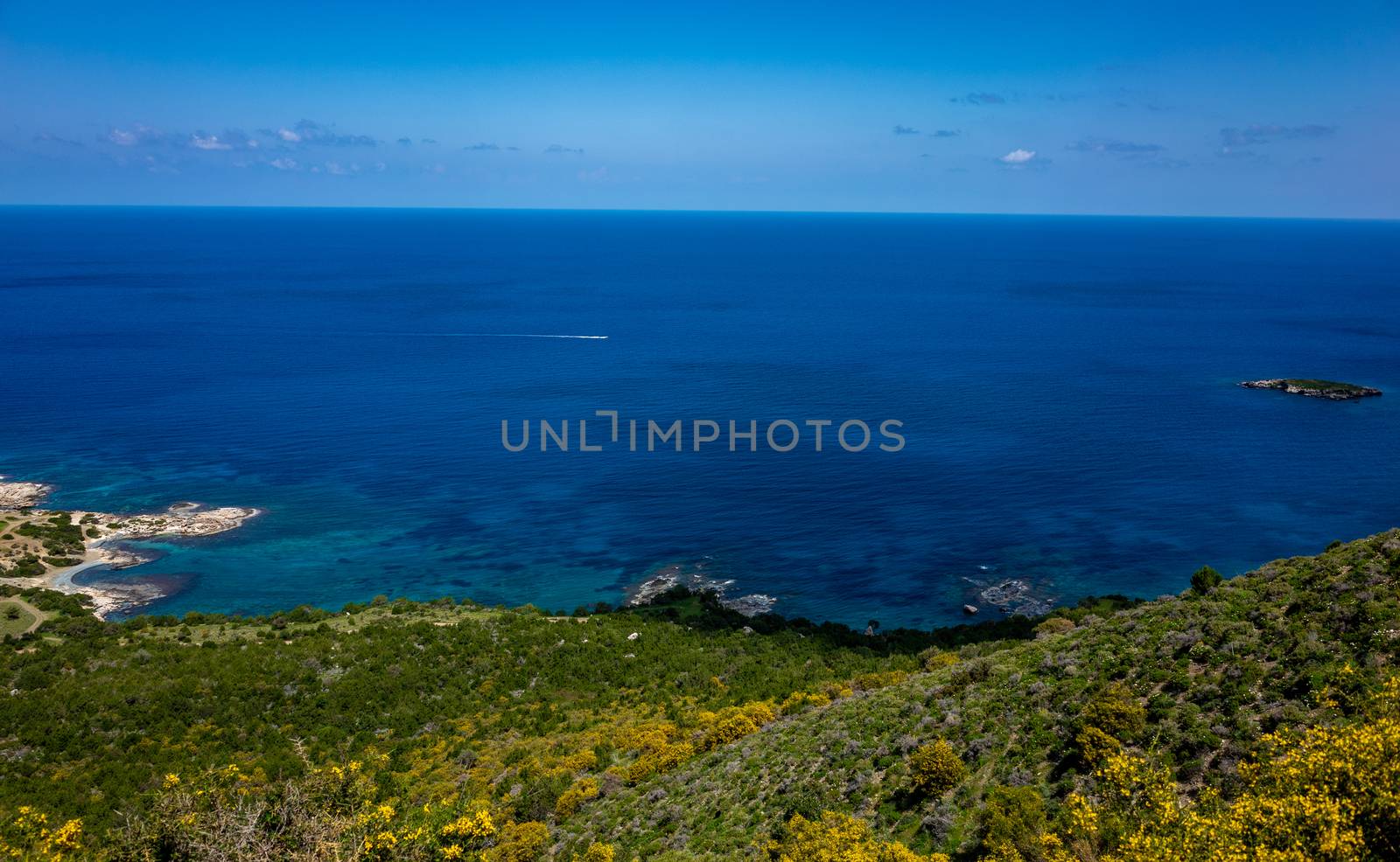 Green mountainous coast of the Mediterranean Sea on the Akamas Peninsula in the northwest of the island of Cyprus.