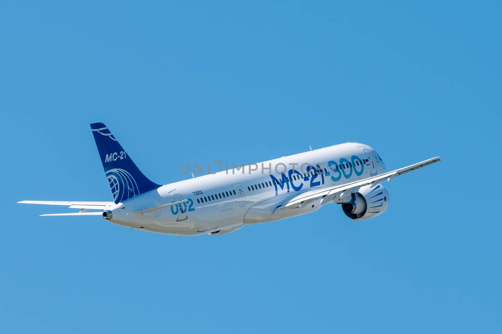 August 30, 2019. Zhukovsky, Russia. Promising Russian medium-range narrow-body passenger aircraft Irkut MC-21 at the International Aviation and Space Salon MAKS 2019.