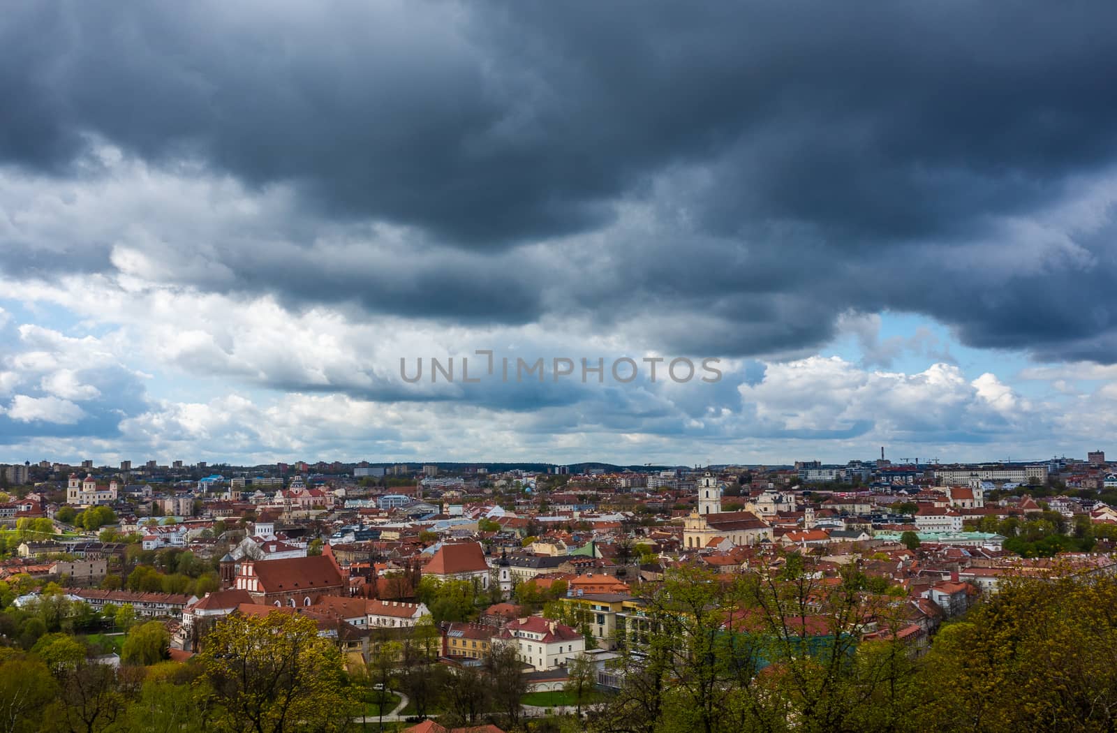 April 27, 2018 Vilnius, Lithuania. View of the old city of Vilnius from Three Cross Mountain.