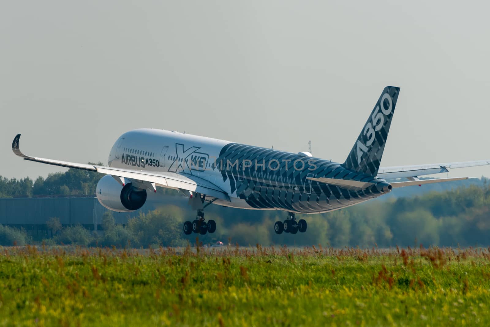August 30, 2019. Zhukovsky, Russia. long-range wide-body twin-engine passenger aircraft Airbus A350-900 XWB Airbus Industrie at the International Aviation and Space Salon MAKS 2019.