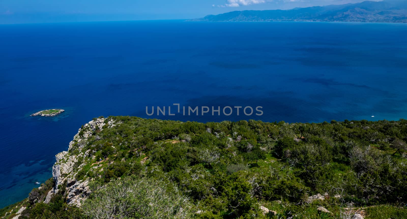 Green mountainous coast of the Mediterranean Sea on the Akamas Peninsula in the northwest of the island of Cyprus.
