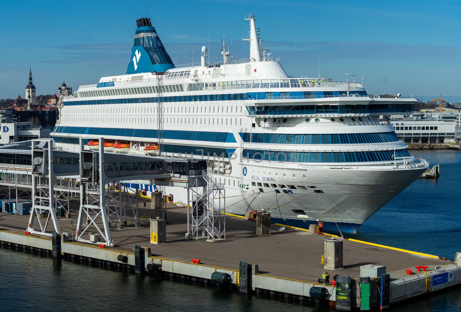 23 April 2019, Tallinn, Estonia. High-speed passenger and car ferry of the Estonian shipping concern Tallink Silja Europa in the port of Tallinn.
