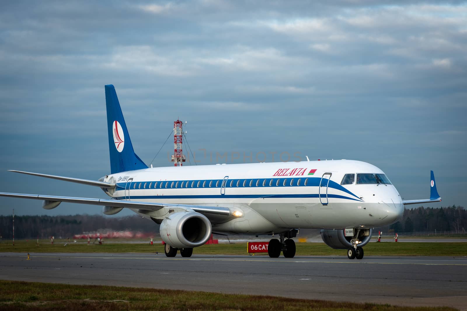 October 29, 2019, Moscow, Russia. Plane 
Embraer ERJ-195 Belavia Airlines at Sheremetyevo airport in Moscow.