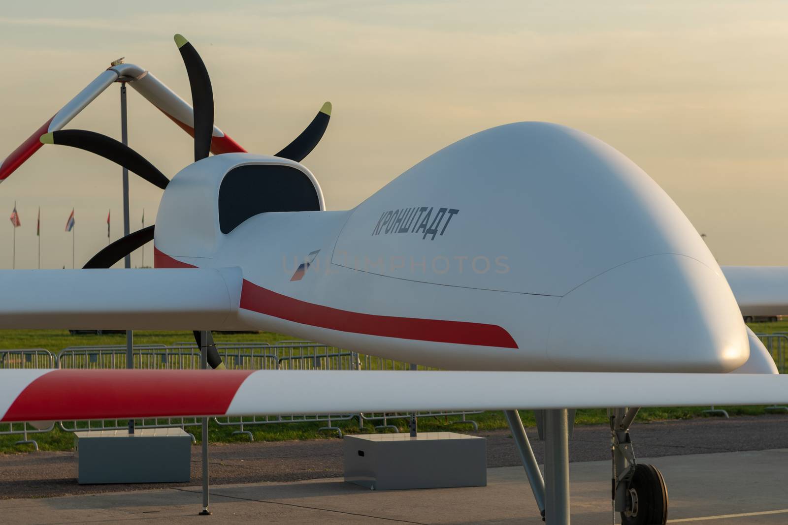 August 30, 2019. Zhukovsky, Russia.Russian multi-purpose heavy-class unmanned aerial vehicle (UAV) developed by company "Kronstadt" (AFK Sistema) at the International Aviation and Space Salon MAKS 2019.