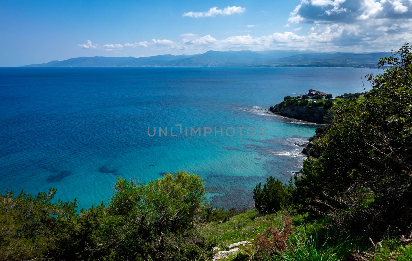 Green mountainous coast of the Mediterranean Sea on the Akamas Peninsula in the northwest of the island of Cyprus.