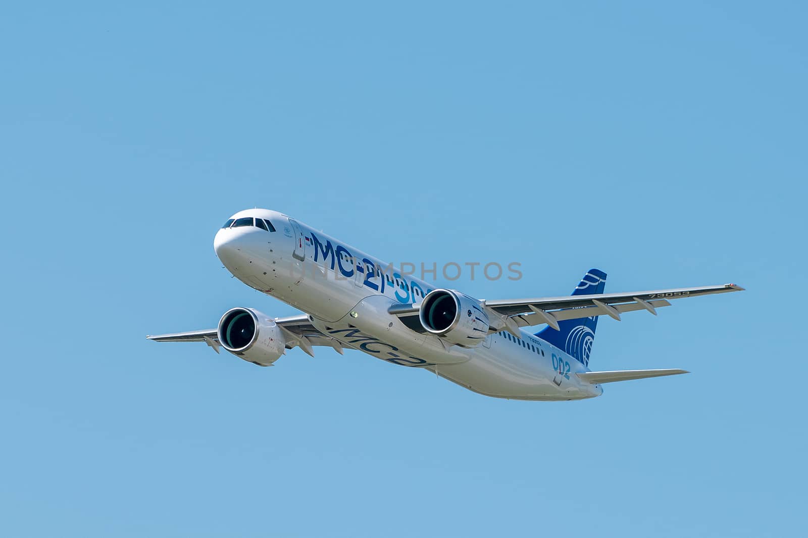 August 30, 2019. Zhukovsky, Russia. Promising Russian medium-range narrow-body passenger aircraft Irkut MC-21 at the International Aviation and Space Salon MAKS 2019.