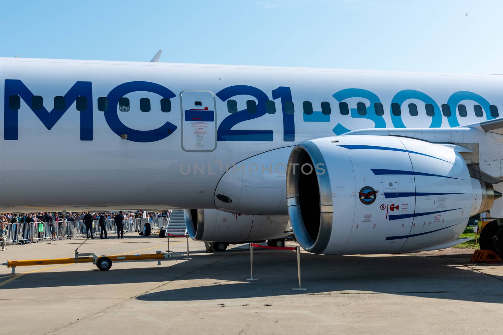 August 30, 2019. Zhukovsky, Russia. Promising Russian medium-range narrow-body passenger aircraft Irkut MC-21 at the International Aviation and Space Salon MAKS 2019.