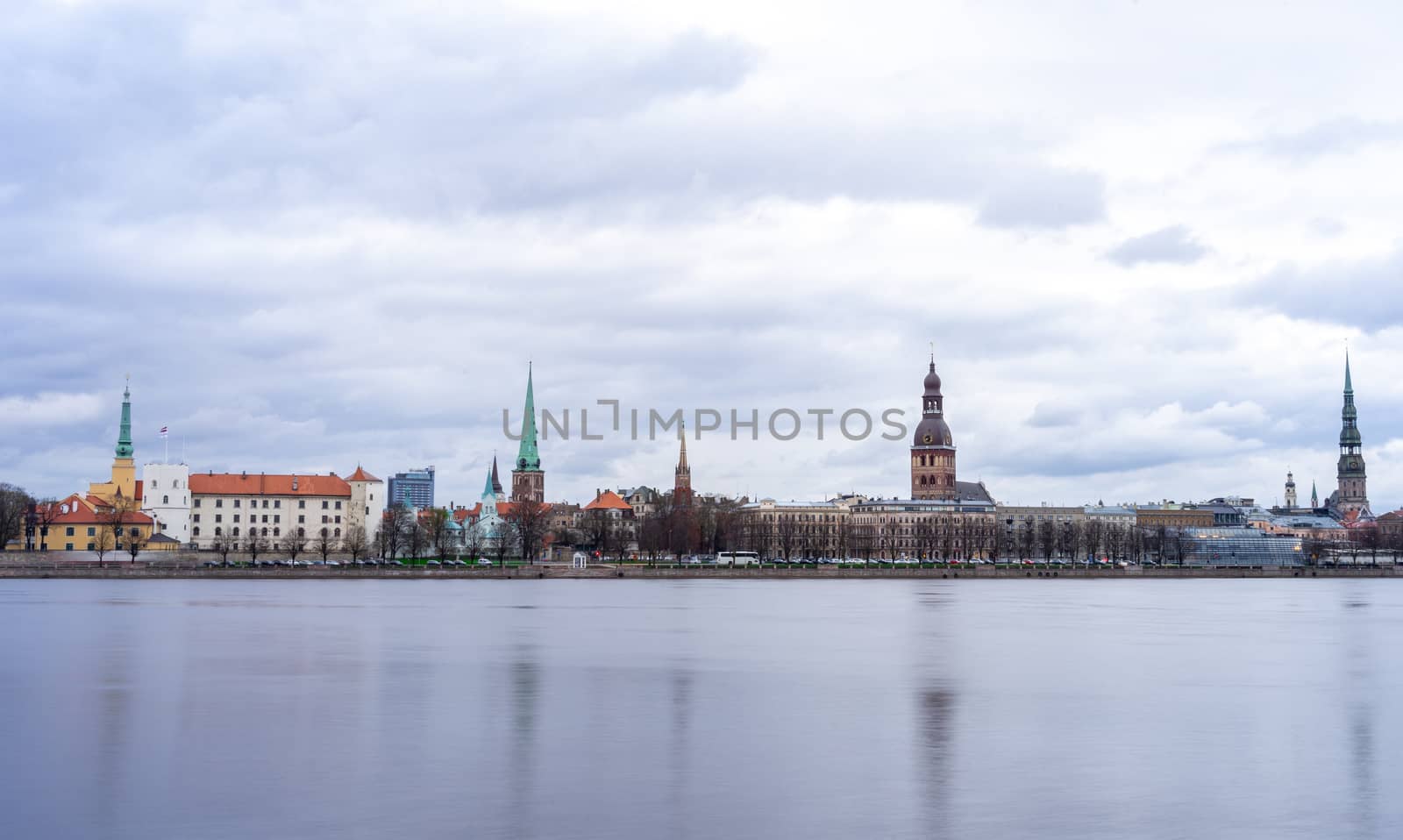 View of the Old Town in Riga from the opposite bank of the Daugava River.