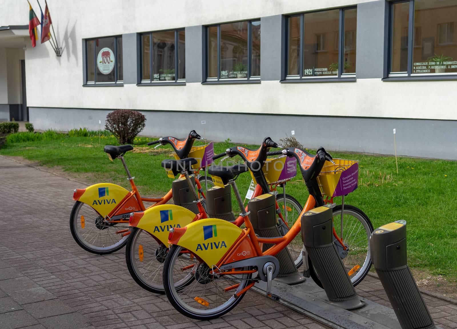 April 27, 2018 Vilnius, Lithuania. City bike rental on one of the streets in Viljunius.