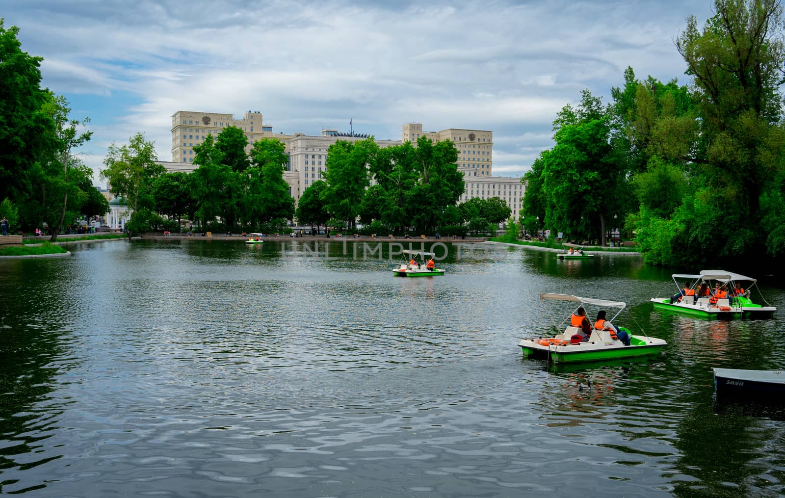 May 22, 2018, Moscow, Russia. Vacationers ride catamarans on the Big Golitsyn pond in Gorky Park in Moscow.