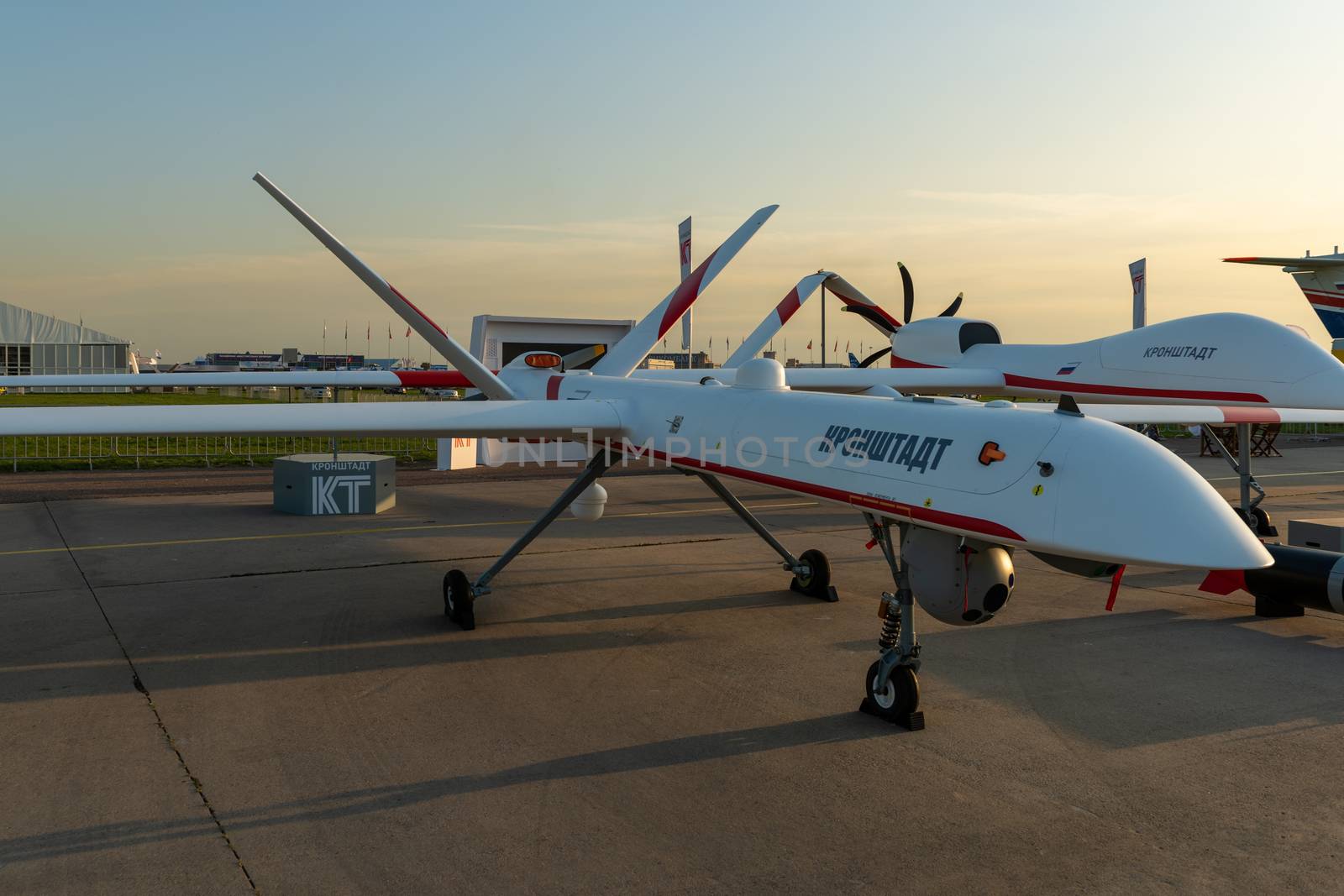 August 30, 2019. Zhukovsky, Russia. Russian unmanned aerial vehicle (UAV) long-duration flight developed by company "Kronstadt" (AFK Sistema) at the International Aviation and Space Salon MAKS 2019.