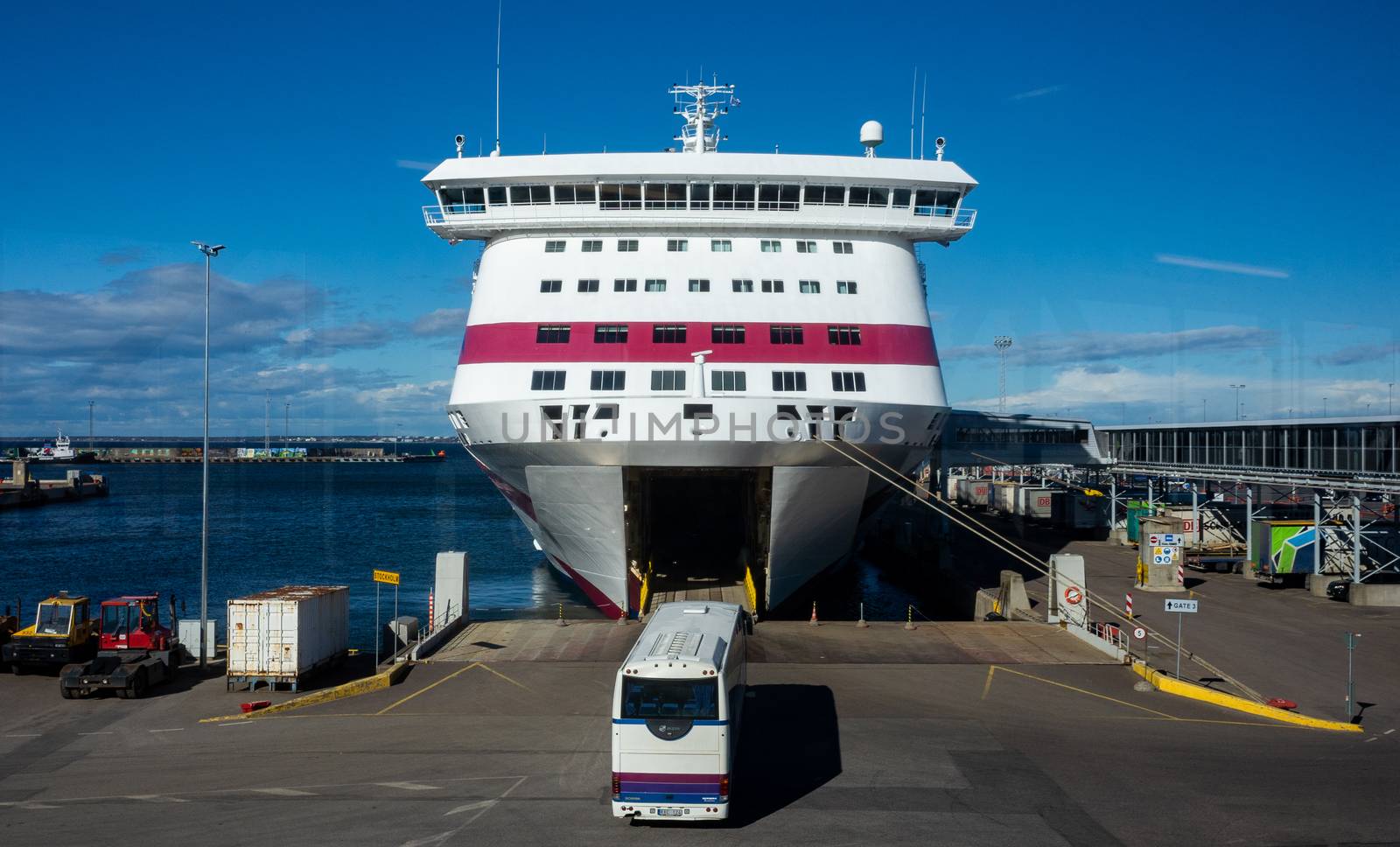 23 April 2019, Tallinn, Estonia. Passenger bus calls in high-speed passenger and car ferry of the Estonian shipping concern Tallink Baltic Queen in the port of Tallinn.