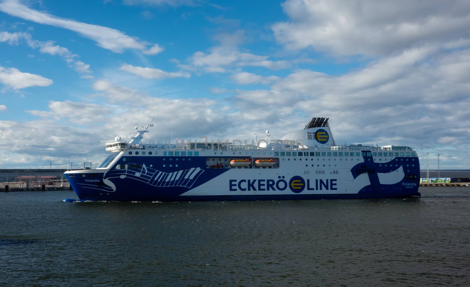 21 April 2019, Tallinn, Estonia. High-speed passenger and car ferry of the Finnish shipping concern Ecker Line Finlandia in the port of Tallinn.
