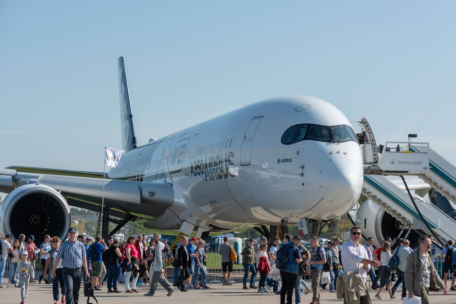 August 30, 2019. Zhukovsky, Russia. long-range wide-body twin-engine passenger aircraft Airbus A350-900 XWB Airbus Industrie at the International Aviation and Space Salon MAKS 2019.
