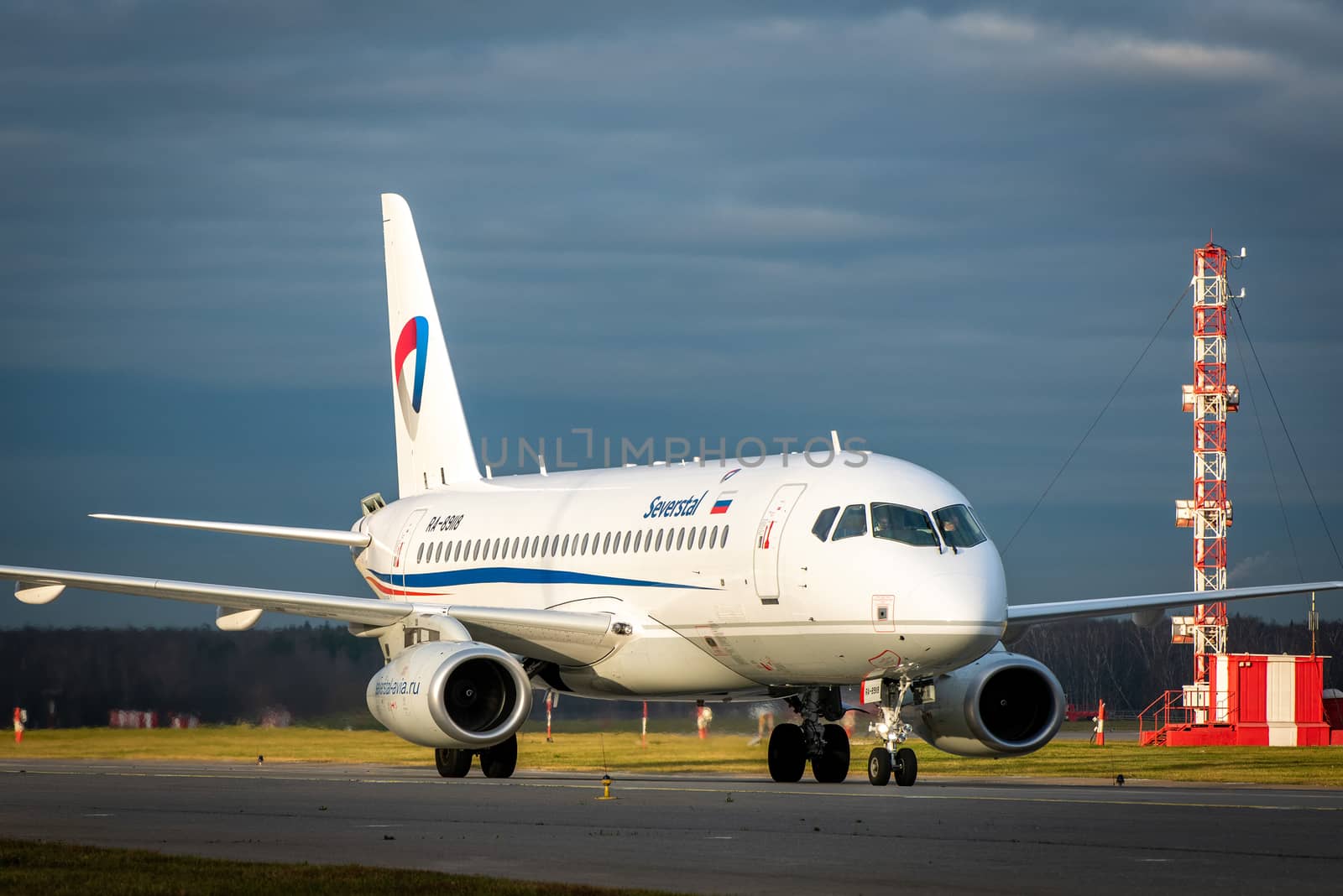October 29, 2019, Moscow, Russia. Plane 
Sukhoi Superjet 100 Severstal Airlines at Sheremetyevo airport in Moscow.