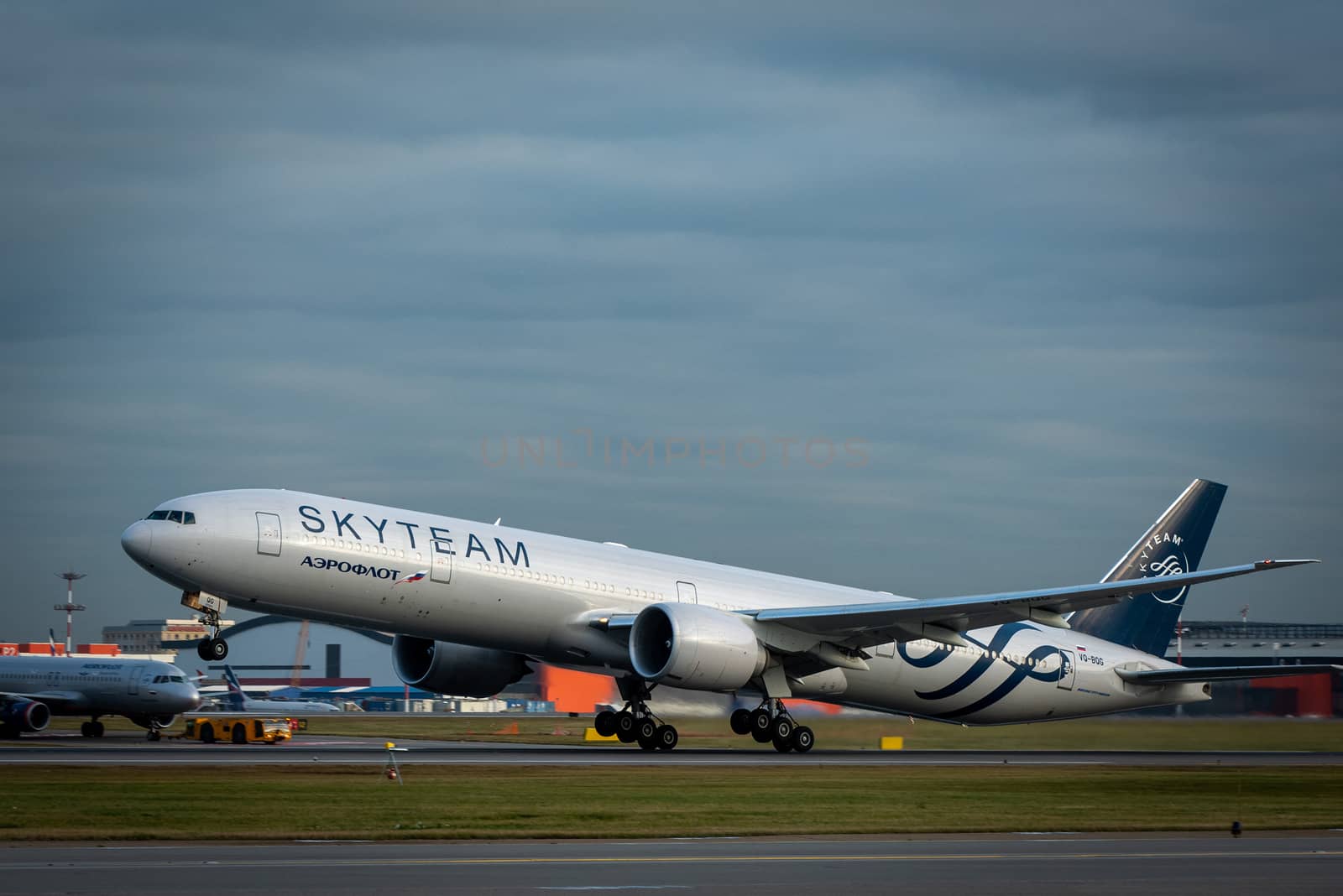 October 29, 2019, Moscow, Russia. Plane 
Boeing 777-300 Aeroflot - Russian Airlines in livery of the international aviation alliance SkyTeam at Sheremetyevo airport in Moscow.