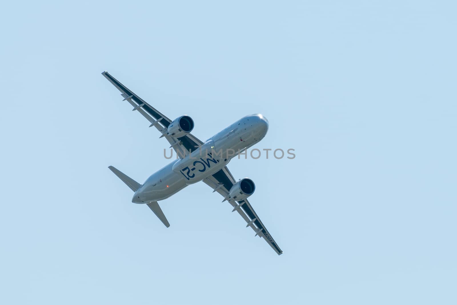 August 30, 2019. Zhukovsky, Russia. Promising Russian medium-range narrow-body passenger aircraft Irkut MC-21 at the International Aviation and Space Salon MAKS 2019.