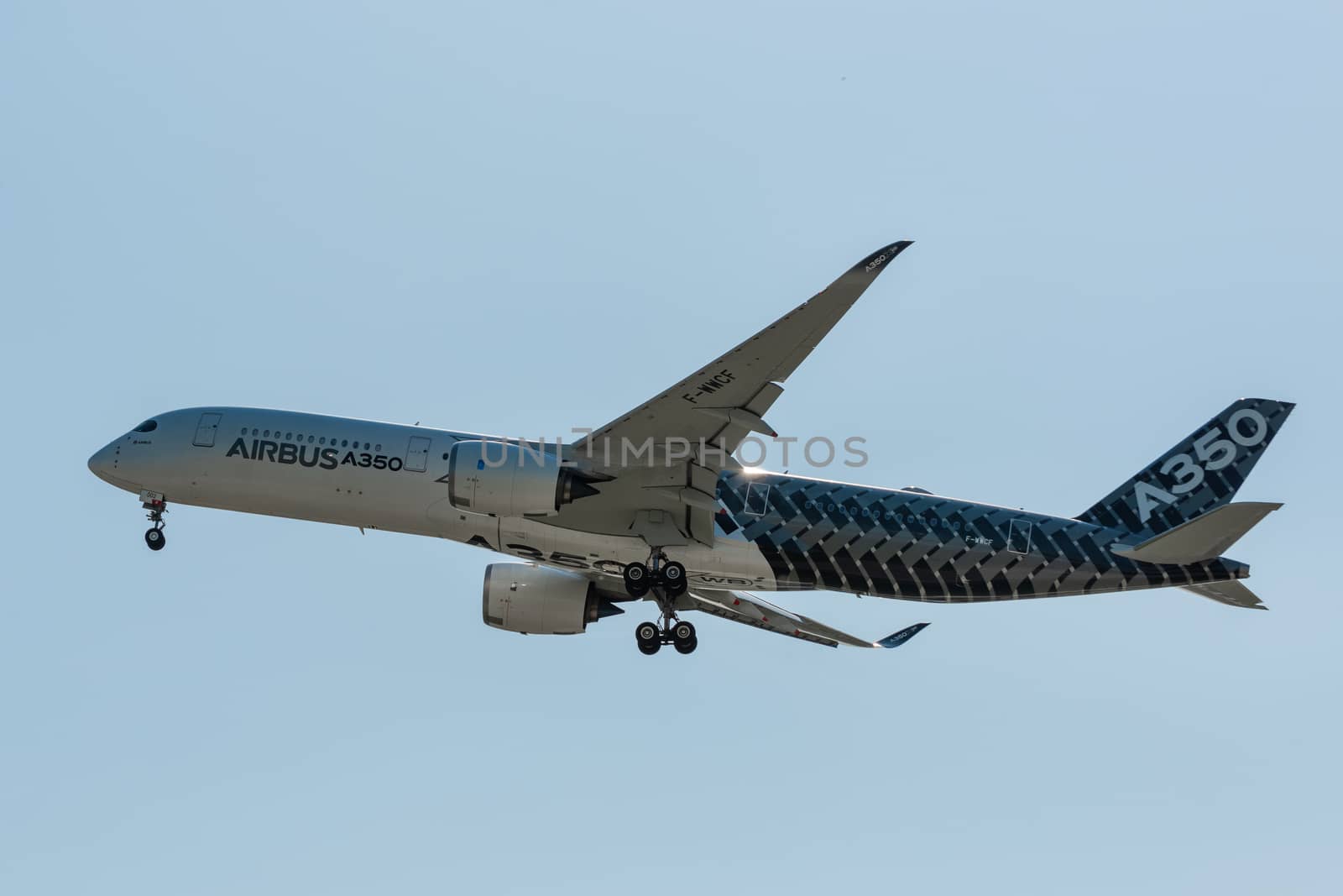 August 30, 2019. Zhukovsky, Russia. long-range wide-body twin-engine passenger aircraft Airbus A350-900 XWB Airbus Industrie at the International Aviation and Space Salon MAKS 2019.